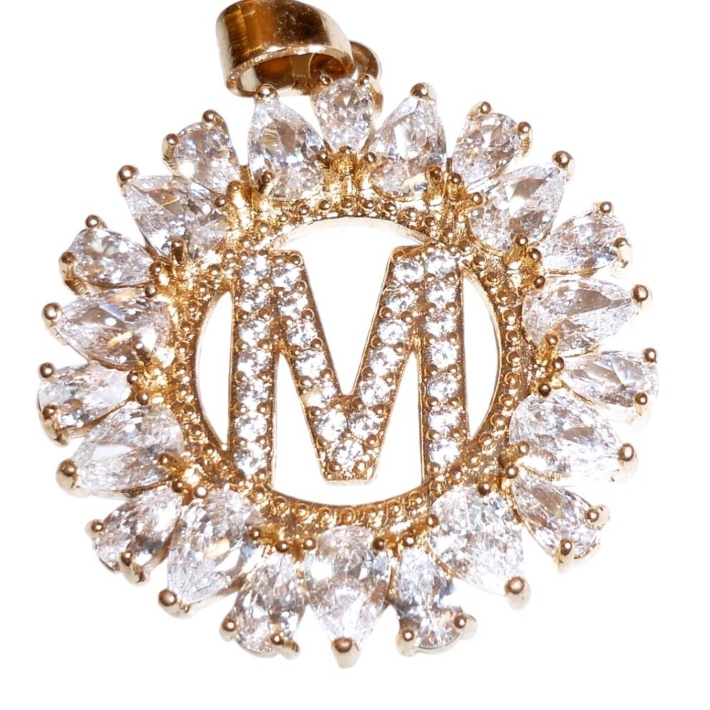 Gold Tone Initial M Pendant Sunburst Cubic Zirconia Letter Charm Alphabet Gem